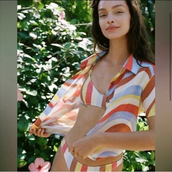 Solid and Striped Blue Orange and Cream Retro Wave 70's Style Button Down Shirt - Picture 3 of 14